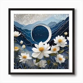 Moon And white Flowers Art Print