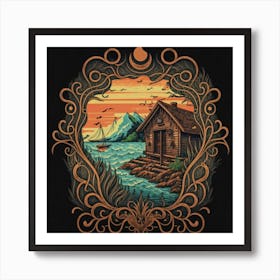 Small wooden hut inside a decorative picture frame Art Print