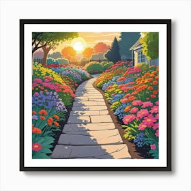 Colorful Landscape Painting With Flowering Daisies In Naive Art Style (3) Art Print