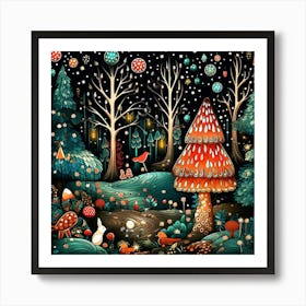 Doodle Fantasy Whimsical Forest Animal Snow Dark Night Winter Art Print