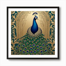 Peacock On Gold Background Art Print