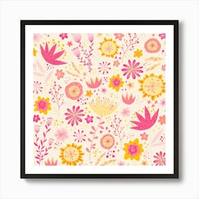 Happy Flowers Pink Art Print