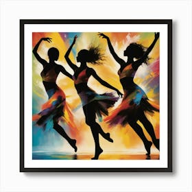 Dynamic silhouettes of dancers in motion against a colorful abstract background. The scene should convey energy, rhythm, and joy, with vibrant splashes of color highlighting the movement. 2 Art Print