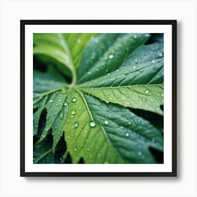 Green Leaf With Water Droplets Art Print