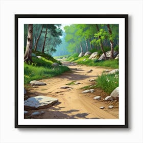 Path In The Woods.A dirt footpath in the forest. Spring season. Wild grasses on both ends of the path. Scattered rocks. Oil colors.8 Art Print