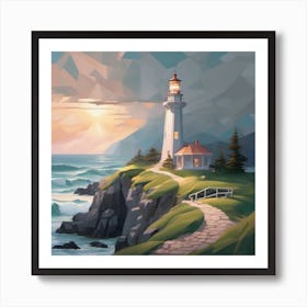 Lighthouse At Sunset Landscape Art Print