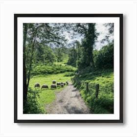 Sheep On A Path Art Print