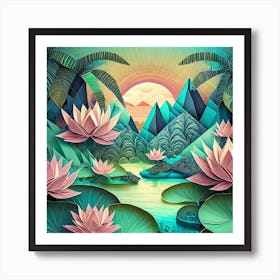 Firefly Beautiful Modern Abstract Lush Tropical Jungle And Island Landscape And Lotus Flowers With A (10) Art Print