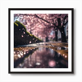 Raindrops through Cherry Blossom Trees Art Print