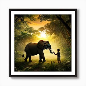 Elephant with a boy in the Jungle Art Print