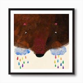 Bear Head With Rainbow Rain Drops Square Art Print