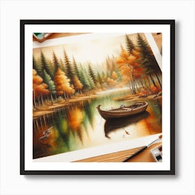 Autumn Boat On The Lake Art Print