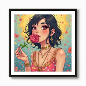 Colorful background whith a girl holding a flower Art Print