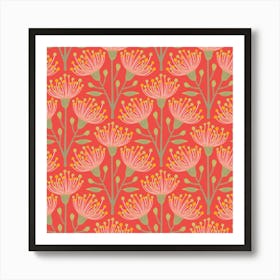 AUSTRALIAN EUCALYPTUS Floral in Pink Orange Green Yellow on Coral Orange Art Print