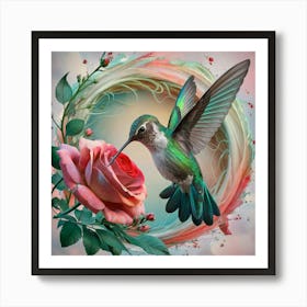 Hummingbird With Roses Art Print