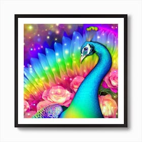 Peacock With Roses 2 Art Print