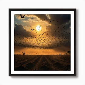 The Dance of Shadows: Thousands of Birds Soaring Under the Warm Glow of the Horizon Art Print