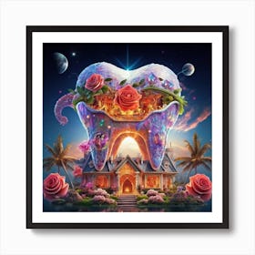 , a house in the shape of giant teeth made of crystal with neon lights and various flowers 3 Art Print