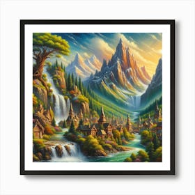 Fantasy Inspired Acrylic Painting Of A Whimsical Village Nestled Among Towering Mountains And Cascading Waterfalls, Style Fantasy Art 3 Art Print