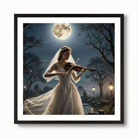 Bride Playing Violin At Night Art Print