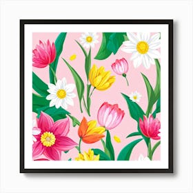 Cartoon Style Digital Painting Of An Isolated Spring Bouquet Featuring Blooming Tulips Roses And D Art Print