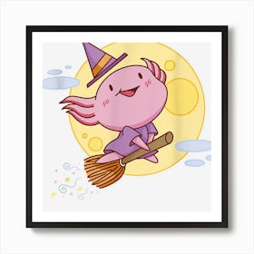 Funny Cute Axolotl Halloween Witch On Broomstick Poster