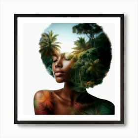 Double Exposure Afro-American Woman In The Jungle Art Print