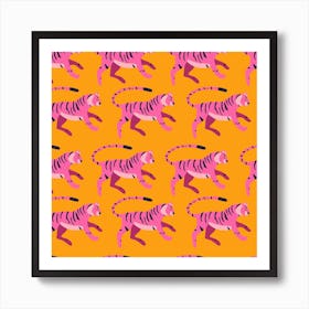 Bright Pink Tiger Pattern On Vibrant Orange Pattern Square Art Print