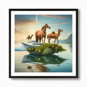 Horses On A Boat Art Print