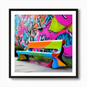 Eco-friendly minimalist park bench, organically inspired by Jeff Koons, featuring functional crime prevention elements amidst a graffiti-filled urban backdrop Art Print