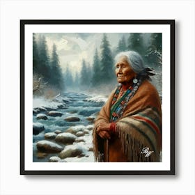 Elderly Native American Woman By Stream 2 Copy Art Print