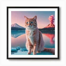 Pink cat and volcano Art Print