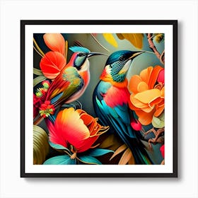 Two Birds Perched On Flowers Art Print