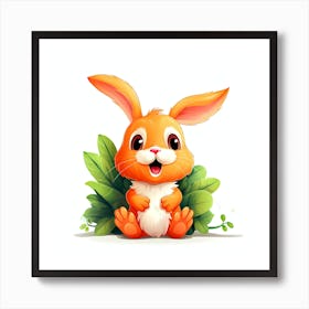 Cute Bunny Rabbit With Leaves Art Print