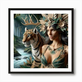 Tiger And Woman In The Jungle Art Print