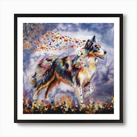 Australian Shepherd With Butterflies Art Print