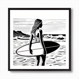 Linocut Black And White Surfer Girl In a Beach art, surfing art, 263 Art Print