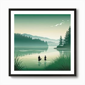 Couple Walking By The Lake Art Print