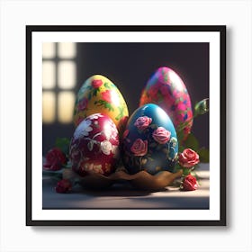 Scalloped Dish of Painted Easter Eggs with Miniature Roses Art Print