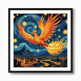 Phoenix Bird Fire Flying At Starry Night Van Gogh Painting Pop Culture Art Print