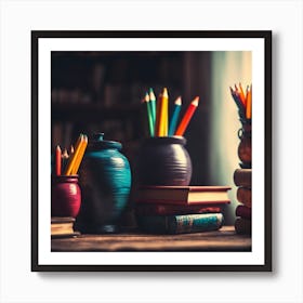 Earthenware pots, Pencils And Books Art Print