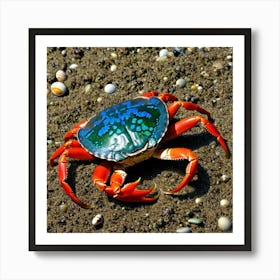 Crab Crustacean Marine Shellfish Ocean Beach Claw Legs Pincers Red Blue Green Brown Whi Art Print