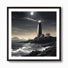 A Picturesque Lighthouse Standing Tall On A Rocky Coastline, Guiding Ships At Night 1 Art Print