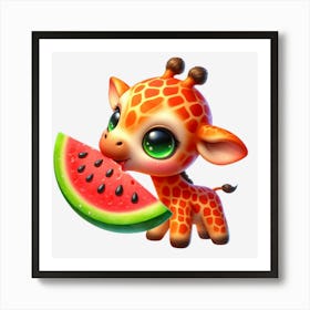 Giraffe Eating Watermelon 1 Art Print