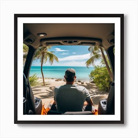 Man Sitting In Car On Beach Art Print