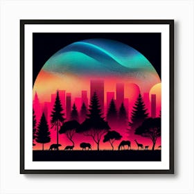 Cityscape With Trees And Animals Art Print