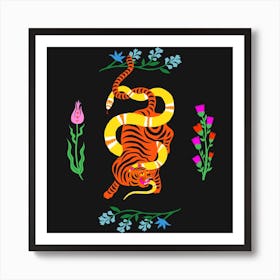Tiger And Snake Battle Flowers Square Art Print