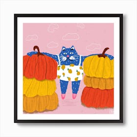 Blue Cat Exercising Between Pumpkins Square Art Print