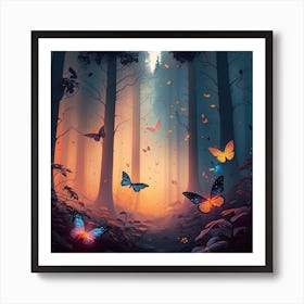 Myeera Colorful Forest Trees Butterflies Glowing Lights Sunset Art Print