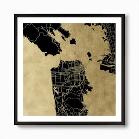 San Francisco Gold Map on Black Art Print